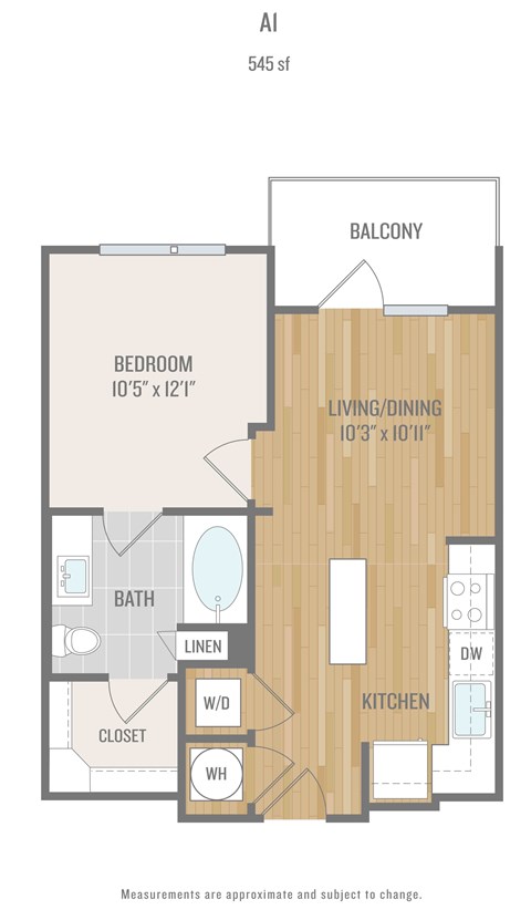 Floor plan for 1 bed, 1 bath, 545 sqft